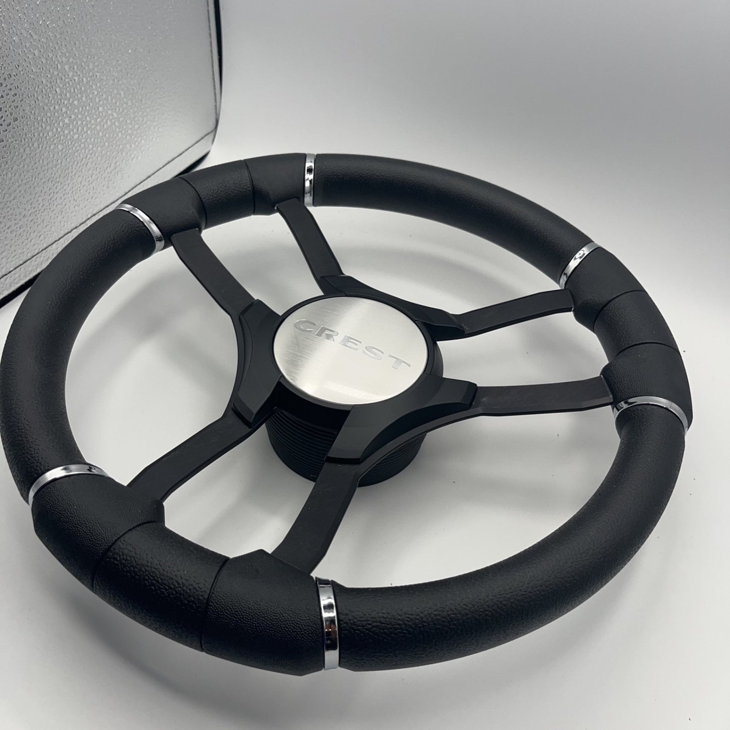 Malera Boat Steering Wheel Black Aluminum Spokes | Black Crest Boats Logo