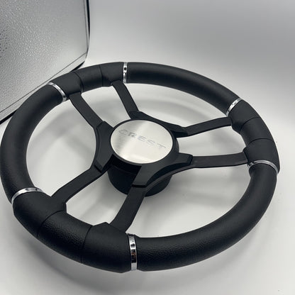 Malera Boat Steering Wheel Black Aluminum Spokes | Black Crest Boats Logo