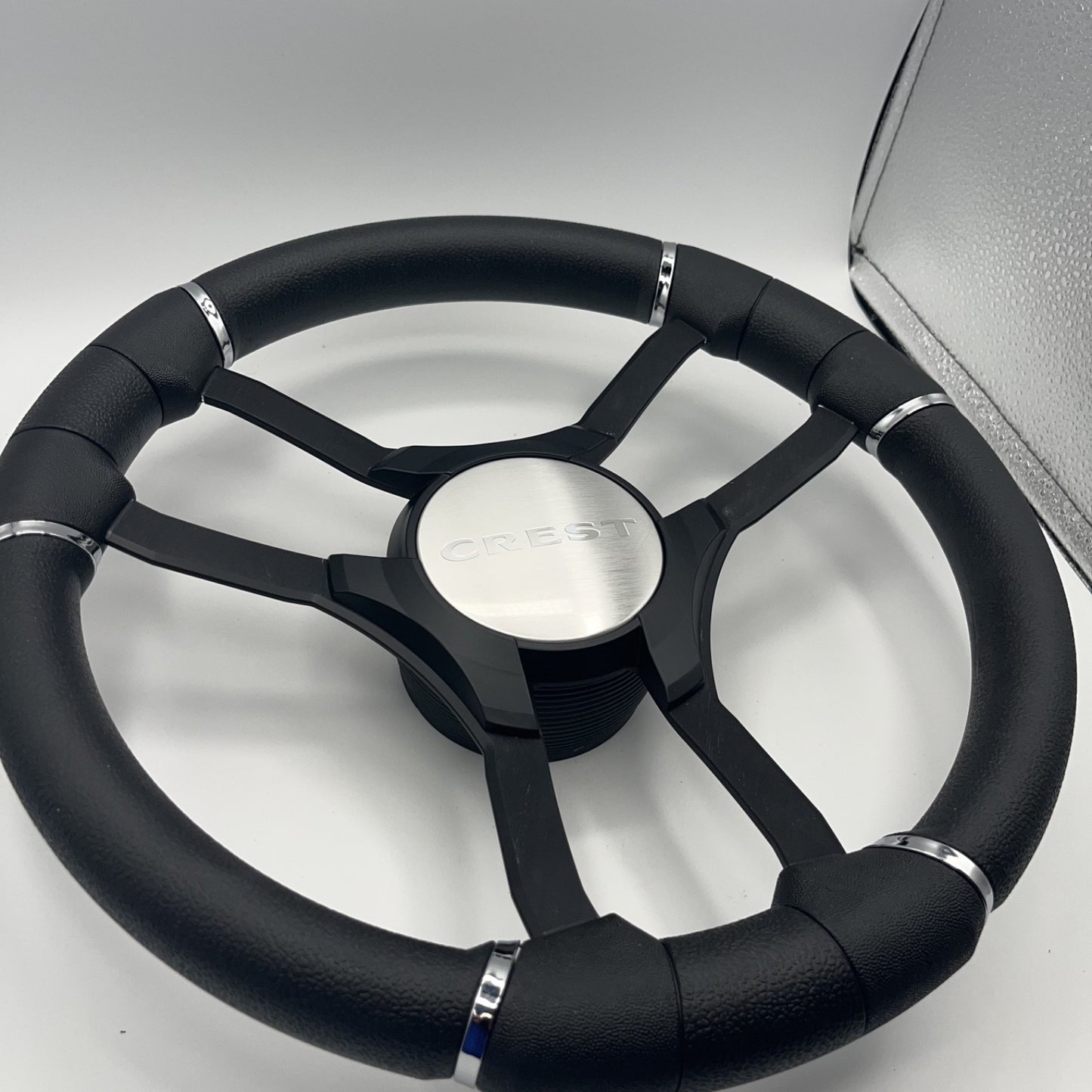 Malera Boat Steering Wheel Black Aluminum Spokes | Black Crest Boats Logo