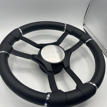 Malera Boat Steering Wheel Black Aluminum Spokes | Black Crest Boats Logo