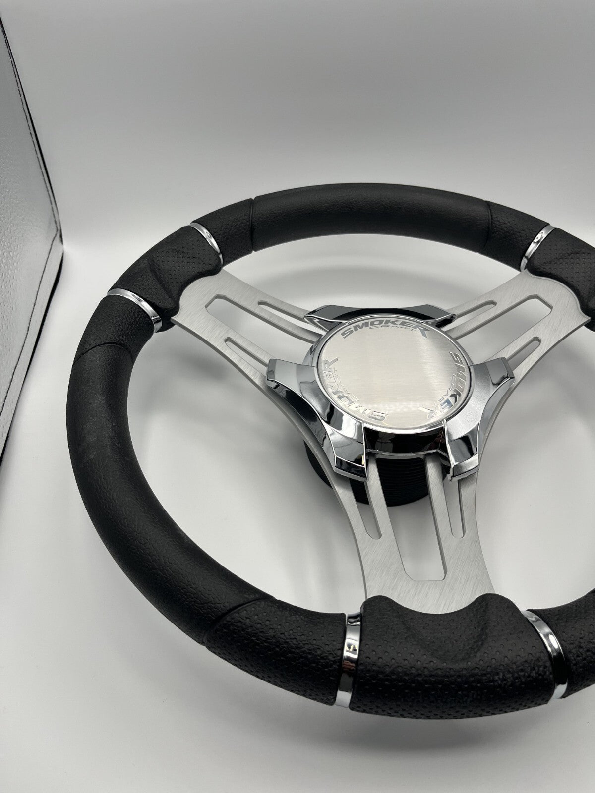 Verona Boat Steering Wheel Gray Brushed Aluminum Spokes | Smoker Logo