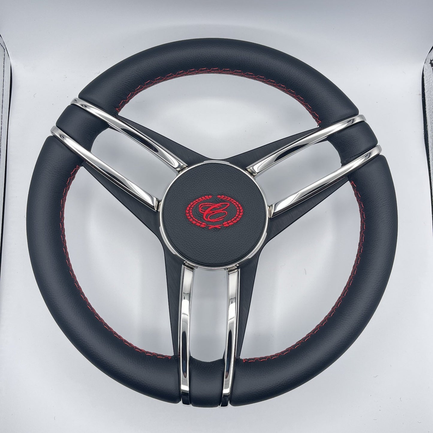 Cobalt Boat Steering Wheel Stainless Steel Spoke Leather Rim | Cobalt Boats Logo