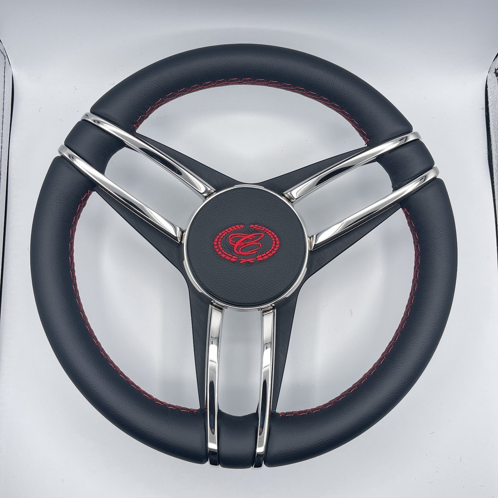 Cobalt Boat Steering Wheel Stainless Steel Spoke Leather Rim | Cobalt Boats Logo