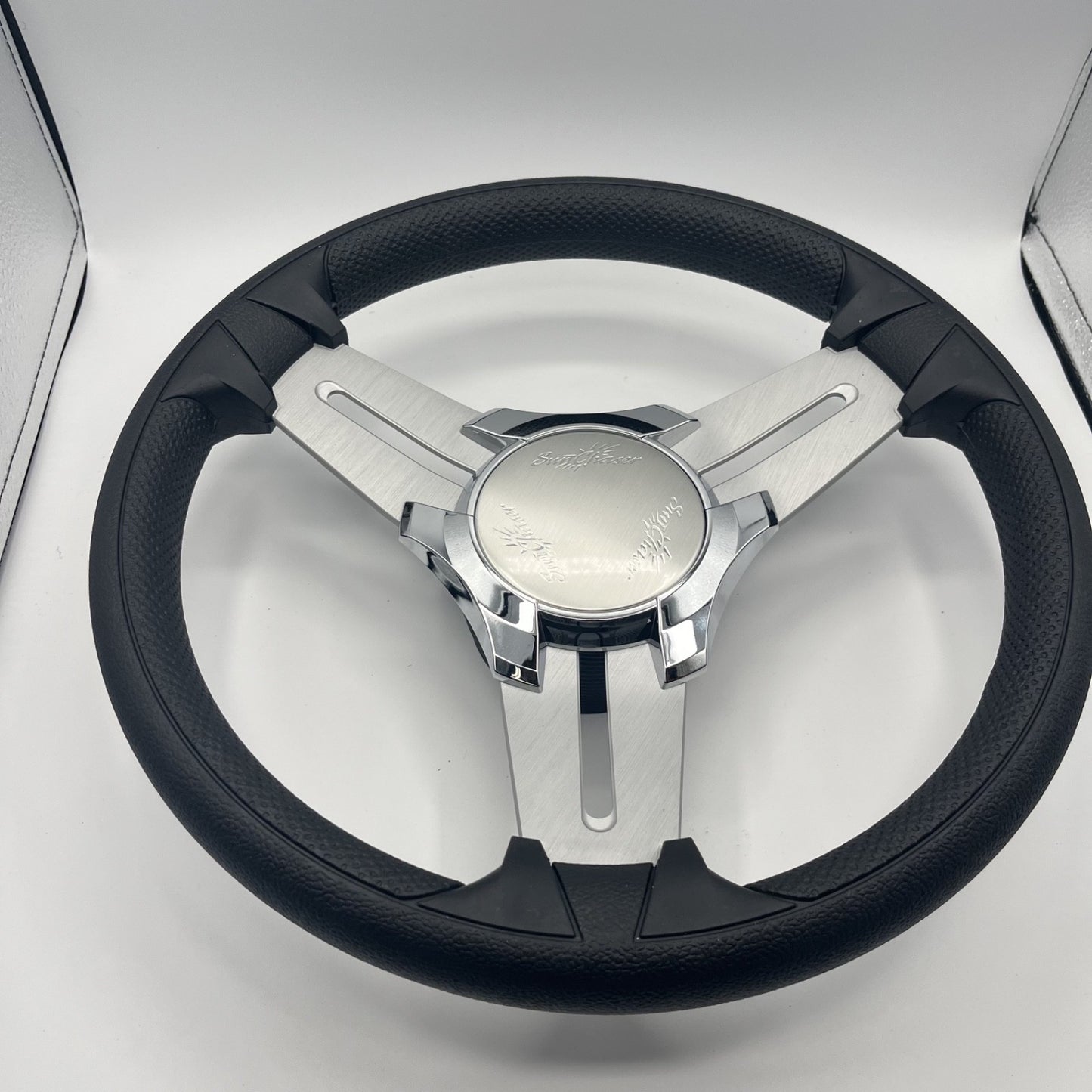 Model 15 Marine Steering Wheel Brush Alum Spokes | Sunchaser Boats Logo
