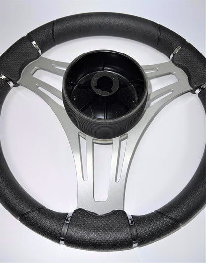 New Gussi Italia Boat Steering Wheel Gray Brushed Aluminum Spokes | Black Dome
