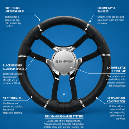Malera Boat Steering Wheel Black Spokes | Gussi Star Chrome Style