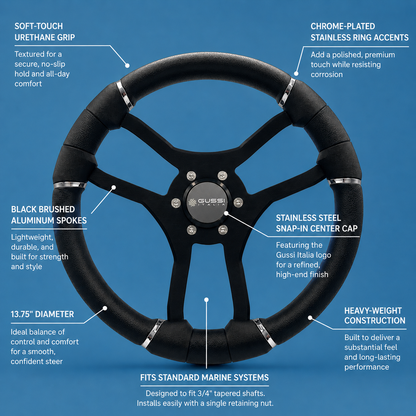 Malera Boat Steering Wheel Black Spokes | Snap-in Gussi Stainless
